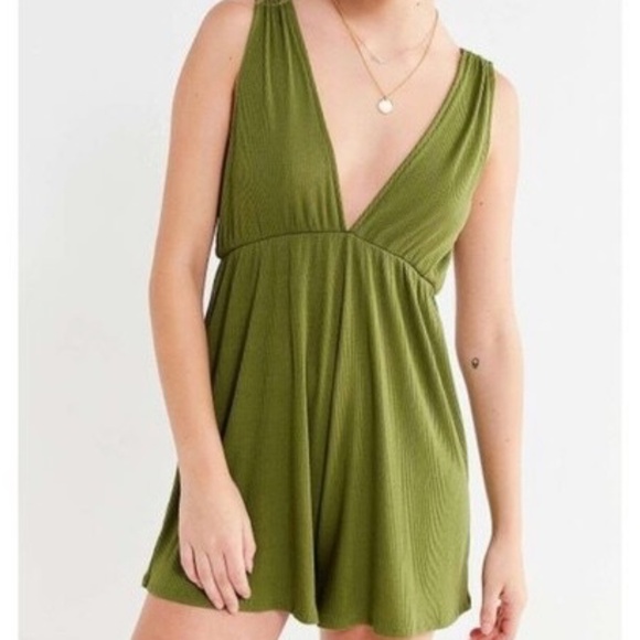 Urban Outfitters Babydoll Plunge Romper | Size S | Olive Green - Picture 1 of 6